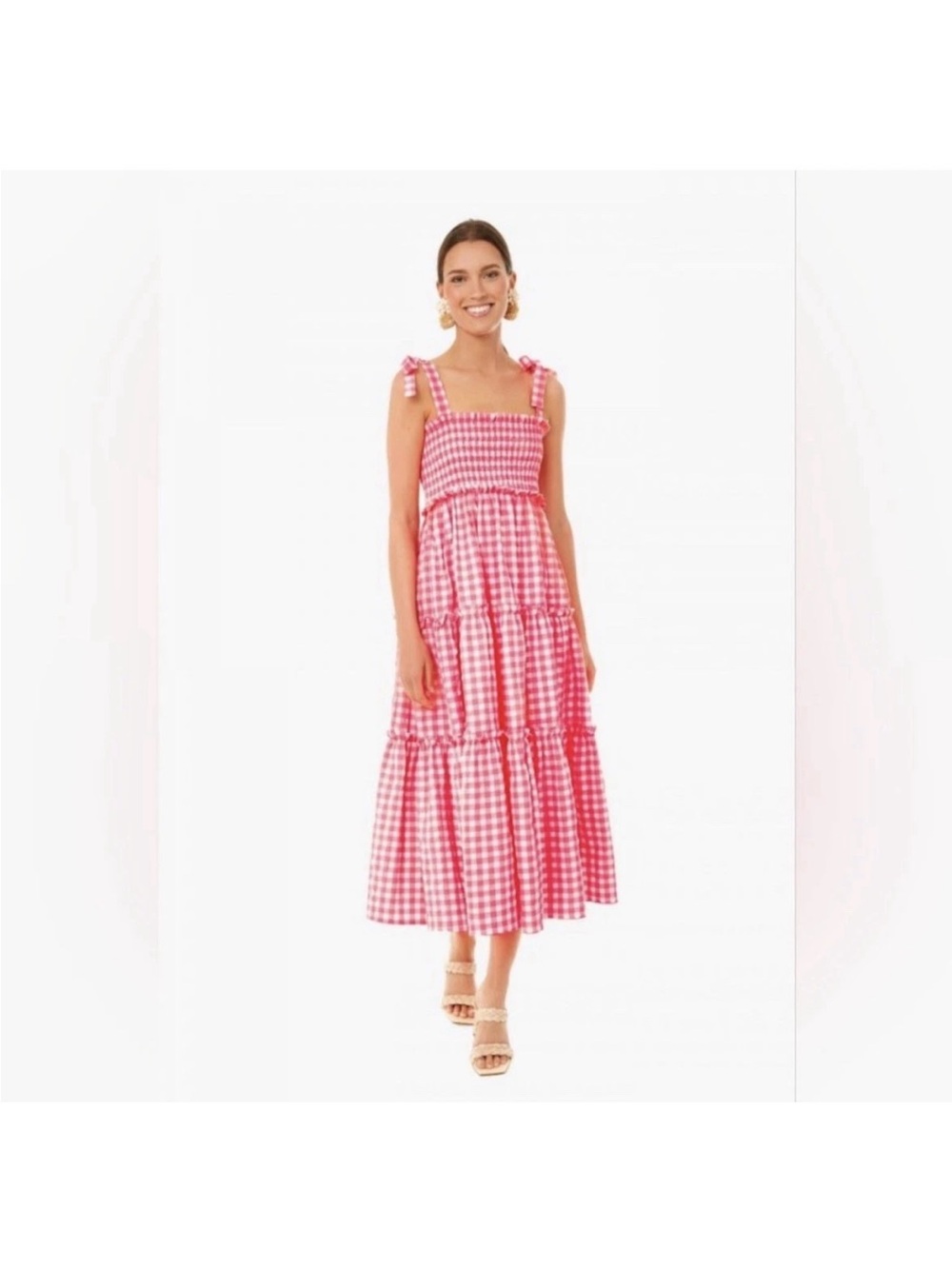 Tuckermuck Pomander Place Pink Gingham Tiered Midi Dress with Tie Straps